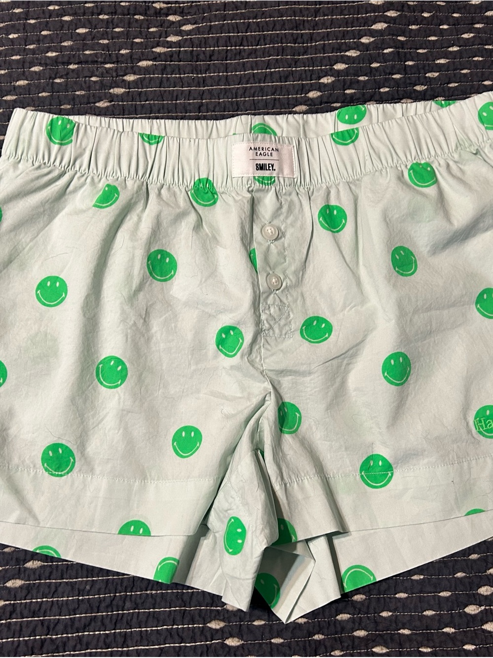 American Eagle Outfitters Women’s sleep Shorts with Neon Green Smiley Print